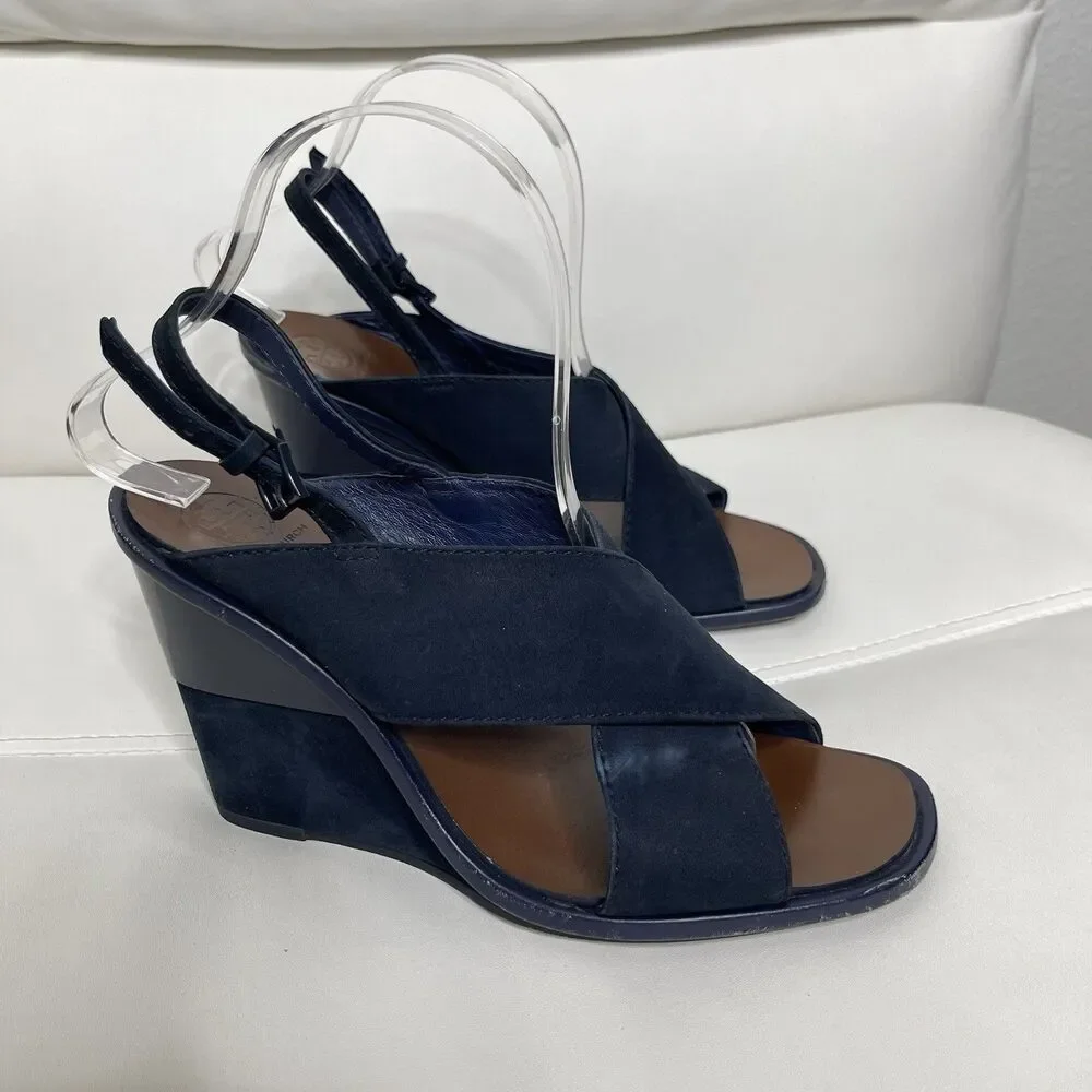 Tory Burch Slingback Wedge Sandals 7.5 Blue Suede Gabrielle Quiet Luxury Shoes